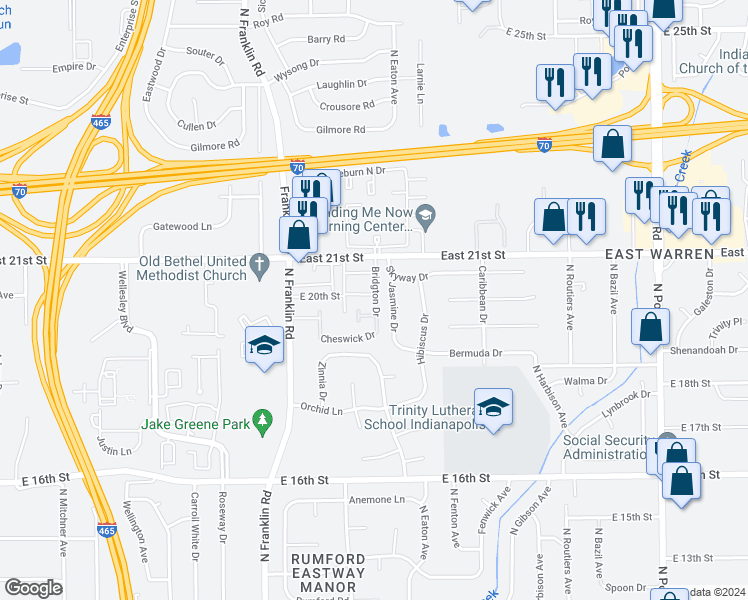 map of restaurants, bars, coffee shops, grocery stores, and more near 8113 East 20th Street in Indianapolis