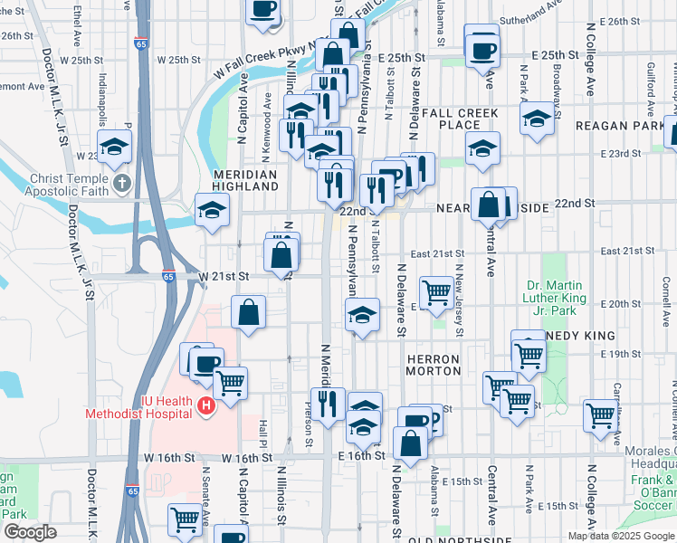 map of restaurants, bars, coffee shops, grocery stores, and more near 2105 North Meridian Street in Indianapolis