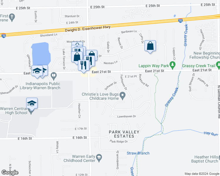 map of restaurants, bars, coffee shops, grocery stores, and more near 1945 Schwier Court in Indianapolis