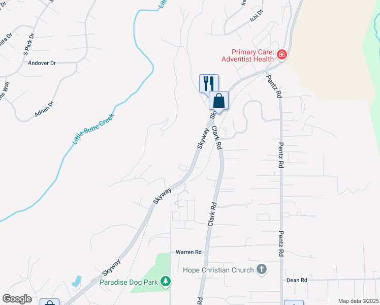 map of restaurants, bars, coffee shops, grocery stores, and more near 9115 Skyway in Paradise