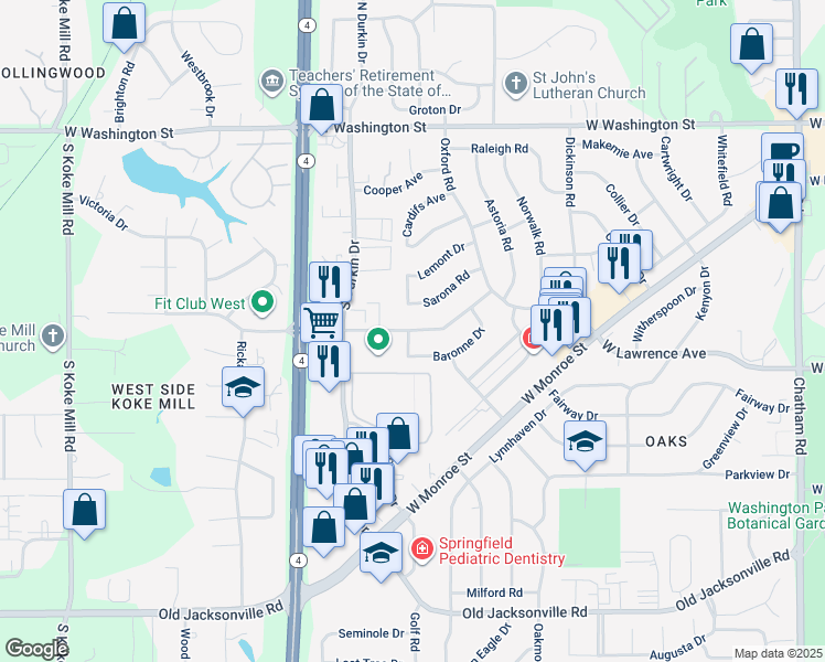 map of restaurants, bars, coffee shops, grocery stores, and more near 2636 West Lawrence Avenue in Springfield