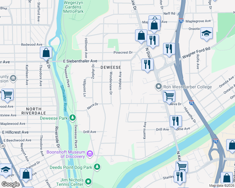 map of restaurants, bars, coffee shops, grocery stores, and more near 3221 Lindale Avenue in Dayton