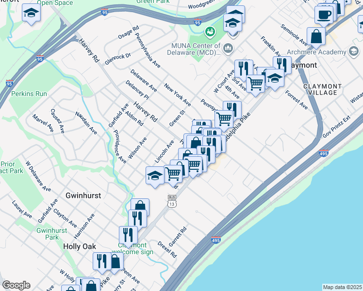 map of restaurants, bars, coffee shops, grocery stores, and more near 200 Harvey Road in Claymont