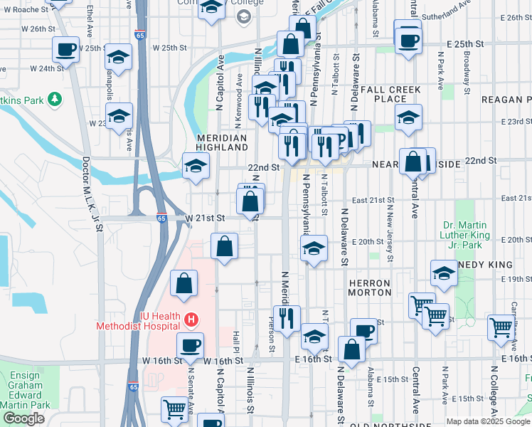 map of restaurants, bars, coffee shops, grocery stores, and more near 30 West 21st Street in Indianapolis