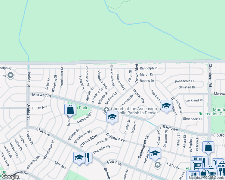 map of restaurants, bars, coffee shops, grocery stores, and more near 5555 Bedford Court in Denver