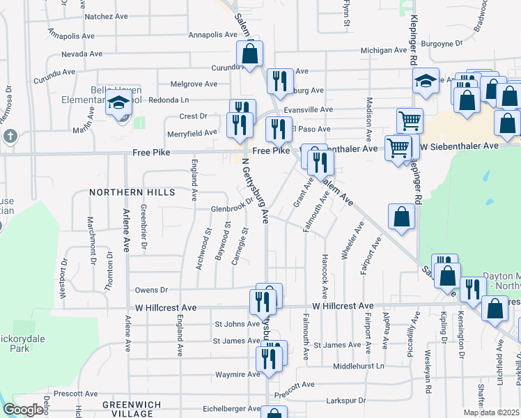 map of restaurants, bars, coffee shops, grocery stores, and more near 2704 Wentworth Avenue in Dayton