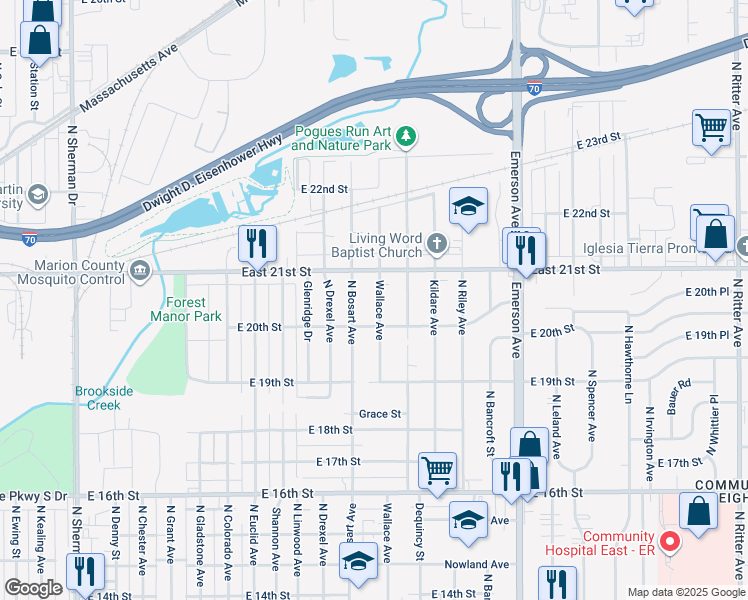 map of restaurants, bars, coffee shops, grocery stores, and more near 2018 Wallace Avenue in Indianapolis