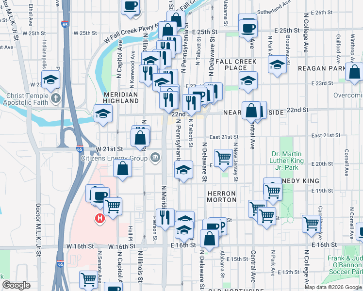 map of restaurants, bars, coffee shops, grocery stores, and more near 115 East 21st Street in Indianapolis