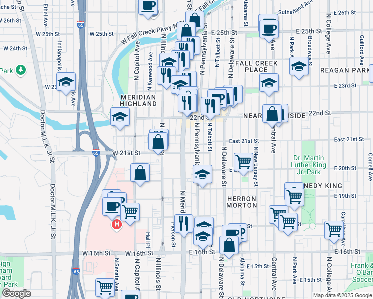 map of restaurants, bars, coffee shops, grocery stores, and more near 2105 North Meridian Street in Indianapolis
