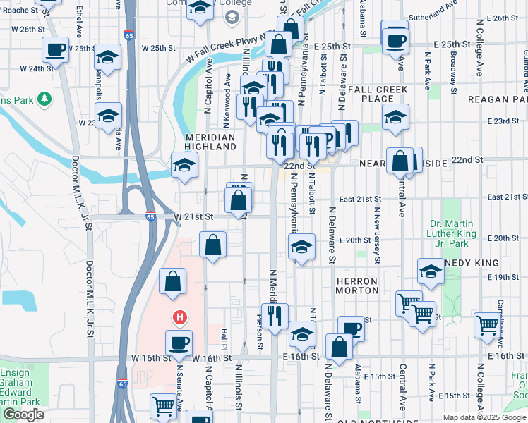map of restaurants, bars, coffee shops, grocery stores, and more near 30 West 21st Street in Indianapolis