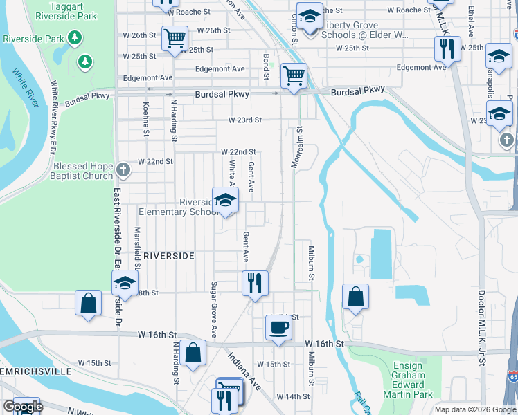 map of restaurants, bars, coffee shops, grocery stores, and more near 2030 Rembrandt Street in Indianapolis