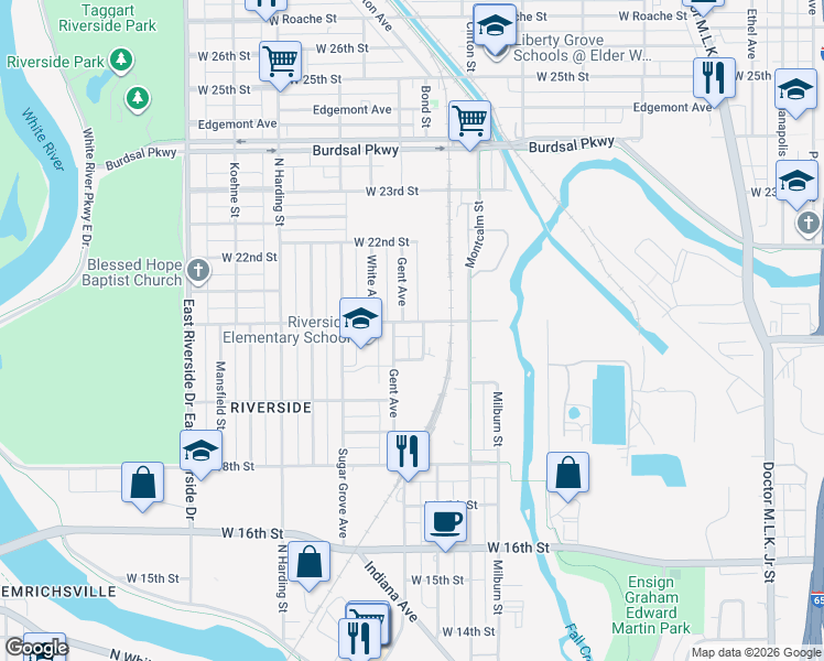 map of restaurants, bars, coffee shops, grocery stores, and more near 2030 Rembrandt Street in Indianapolis