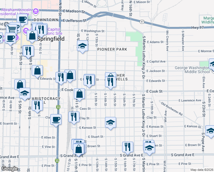 map of restaurants, bars, coffee shops, grocery stores, and more near 601-699 South 14th Street in Springfield