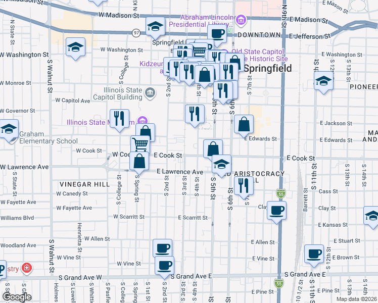 map of restaurants, bars, coffee shops, grocery stores, and more near 299 E Cook St in Springfield