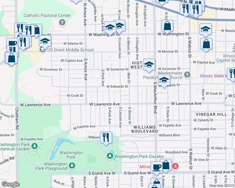 map of restaurants, bars, coffee shops, grocery stores, and more near 701 South Lincoln Avenue in Springfield