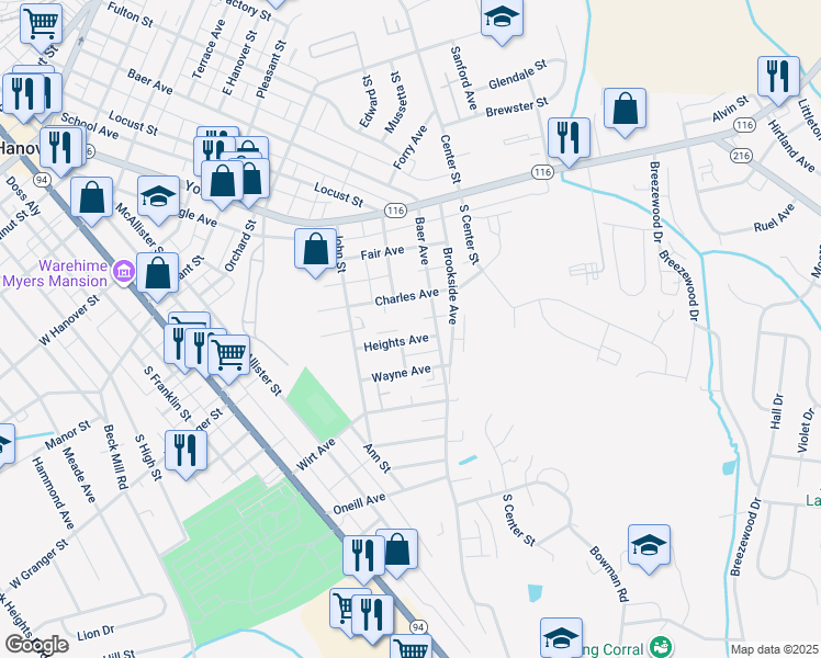 map of restaurants, bars, coffee shops, grocery stores, and more near 12 Heights Ave in Hanover