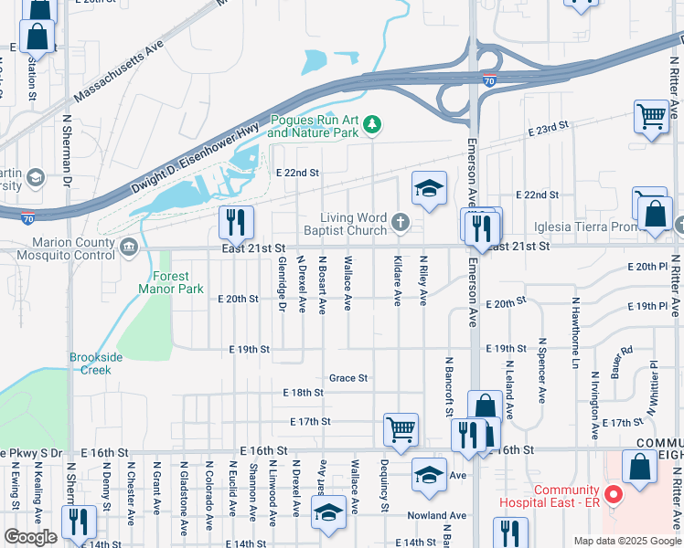map of restaurants, bars, coffee shops, grocery stores, and more near 2018 Wallace Avenue in Indianapolis