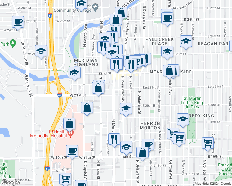 map of restaurants, bars, coffee shops, grocery stores, and more near 2105 North Meridian Street in Indianapolis