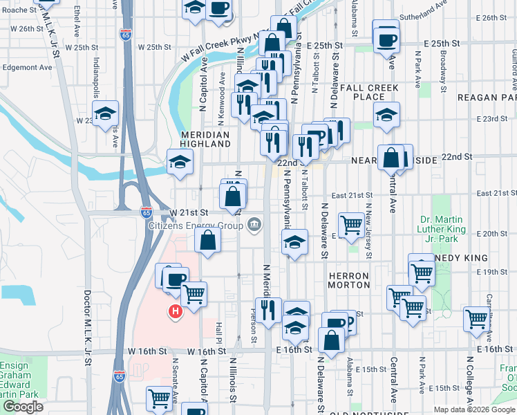 map of restaurants, bars, coffee shops, grocery stores, and more near 30 West 21st Street in Indianapolis