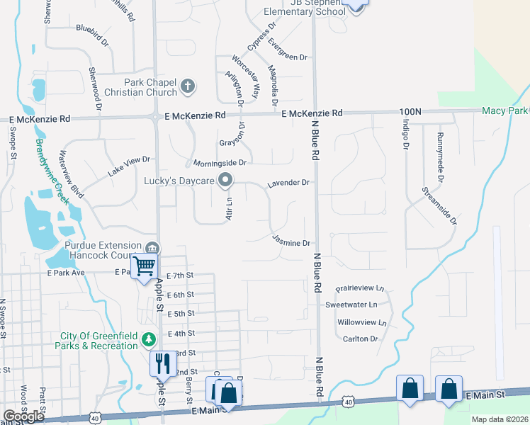 map of restaurants, bars, coffee shops, grocery stores, and more near 1355 Jasmine Drive in Greenfield