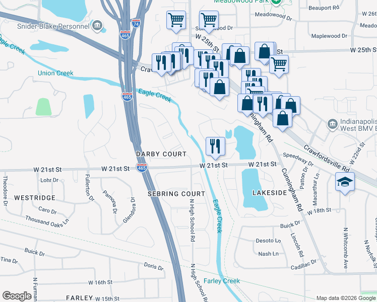 map of restaurants, bars, coffee shops, grocery stores, and more near 2135 North High School Road in Indianapolis