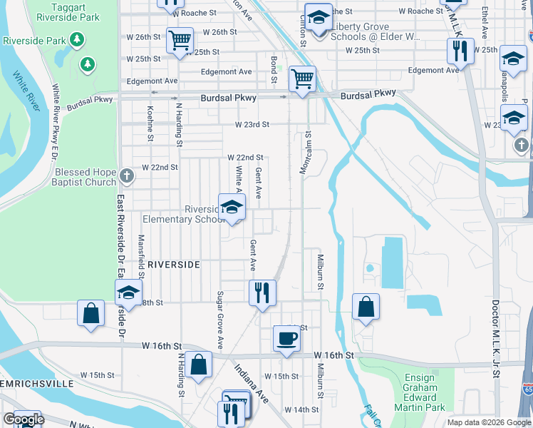 map of restaurants, bars, coffee shops, grocery stores, and more near 2030 Rembrandt Street in Indianapolis