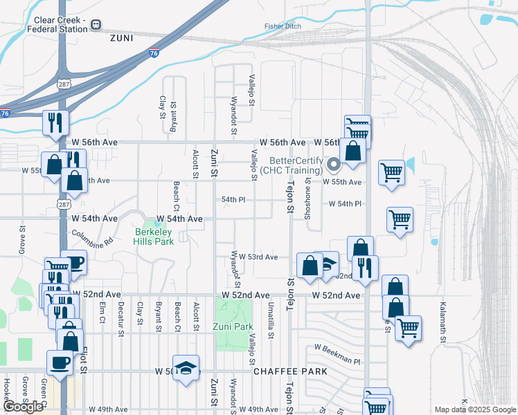 map of restaurants, bars, coffee shops, grocery stores, and more near 5427 Vallejo Street in Denver