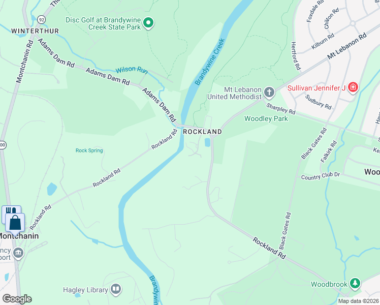 map of restaurants, bars, coffee shops, grocery stores, and more near 24 Rockland Falls Road in New Castle County