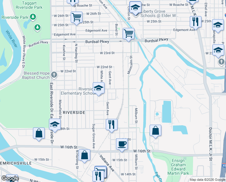 map of restaurants, bars, coffee shops, grocery stores, and more near 2030 Rembrandt Street in Indianapolis
