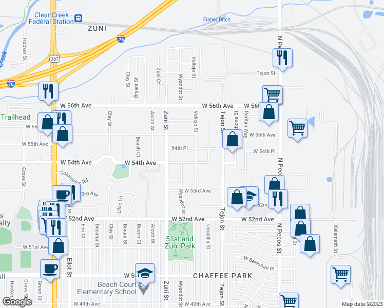 map of restaurants, bars, coffee shops, grocery stores, and more near 5427 Vallejo Street in Denver