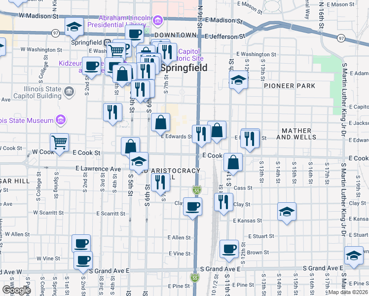 map of restaurants, bars, coffee shops, grocery stores, and more near 801-899 East Cook Street in Springfield