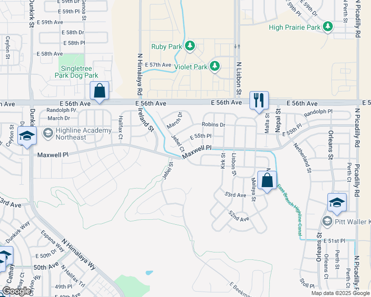 map of restaurants, bars, coffee shops, grocery stores, and more near 5532 Jebel Court in Denver