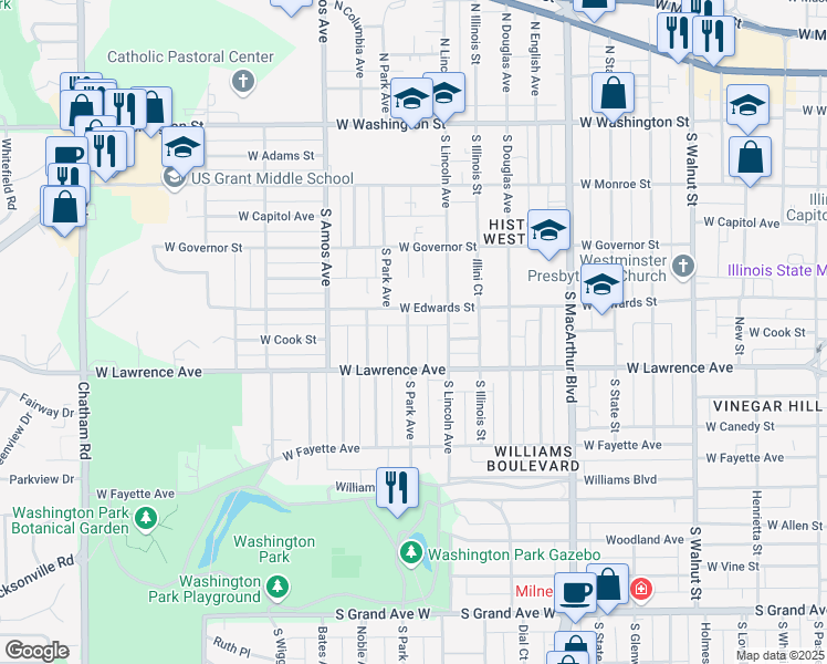 map of restaurants, bars, coffee shops, grocery stores, and more near 618 South Park Avenue in Springfield