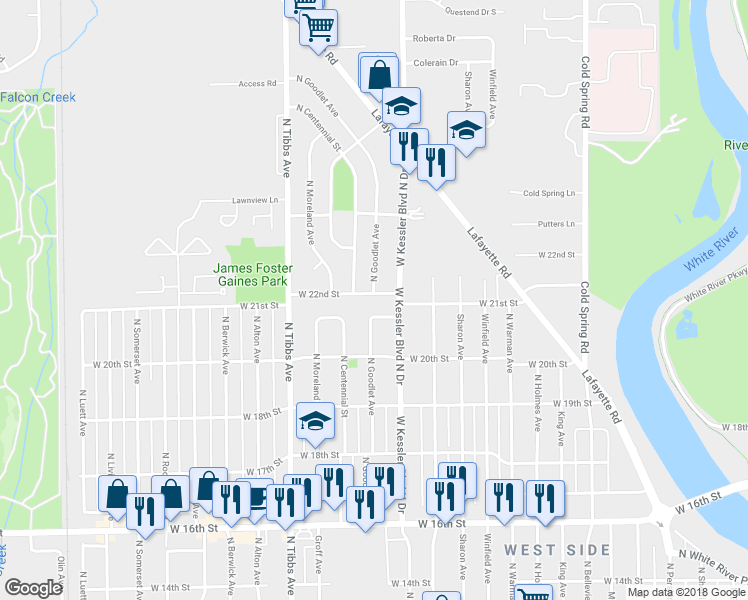 map of restaurants, bars, coffee shops, grocery stores, and more near 3123 West 22nd Street in Indianapolis