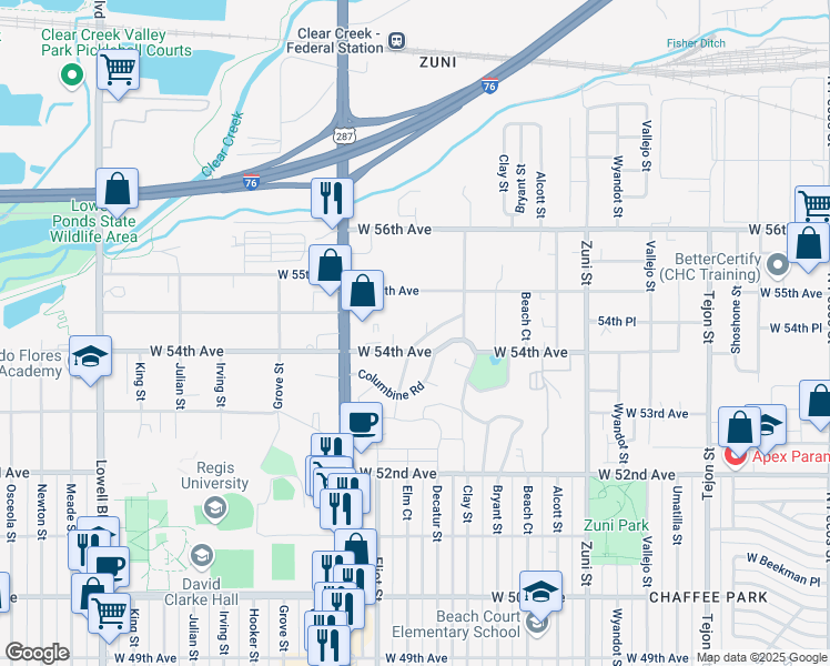 map of restaurants, bars, coffee shops, grocery stores, and more near 5415 Primrose Lane in Denver