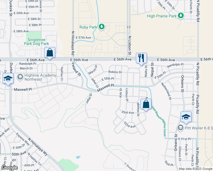 map of restaurants, bars, coffee shops, grocery stores, and more near 5519 Killarney Street in Denver