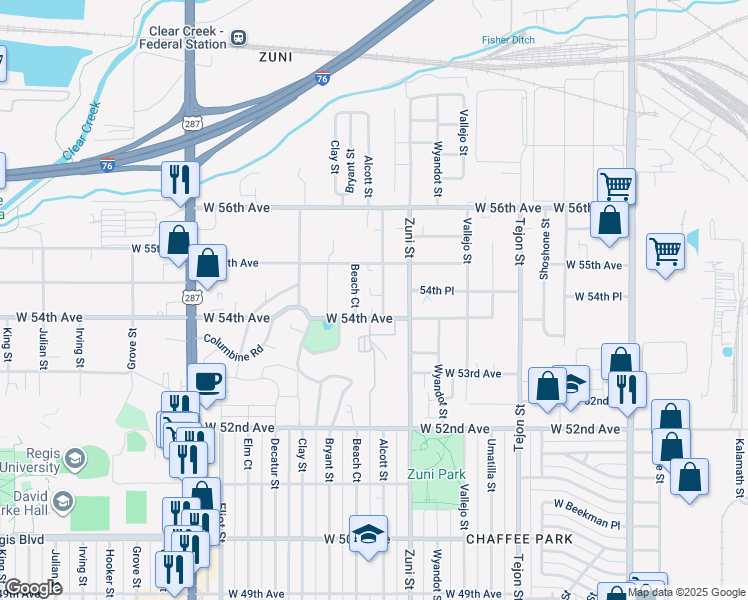 map of restaurants, bars, coffee shops, grocery stores, and more near 5400 Beach Court in Denver