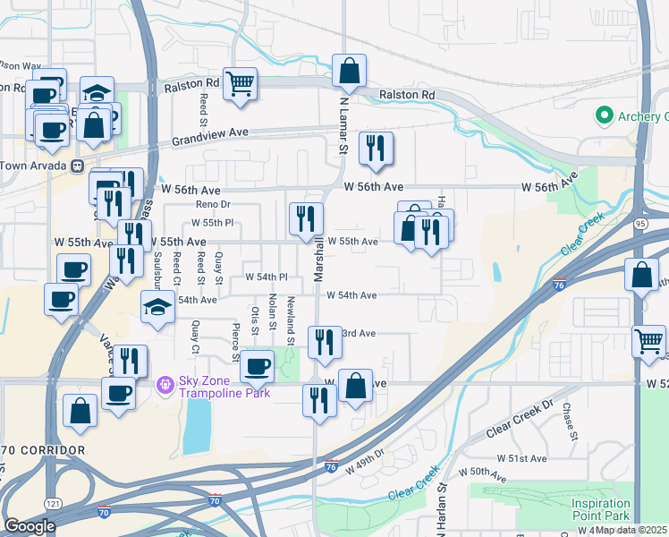 map of restaurants, bars, coffee shops, grocery stores, and more near 5420 Marshall Street in Arvada