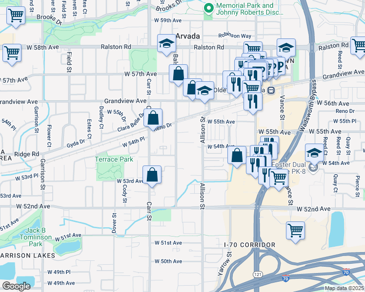 map of restaurants, bars, coffee shops, grocery stores, and more near 8213 Balsam Street in Arvada