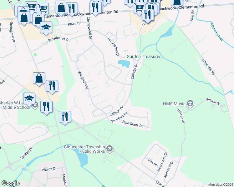 map of restaurants, bars, coffee shops, grocery stores, and more near 24 Oriole Place in Clementon