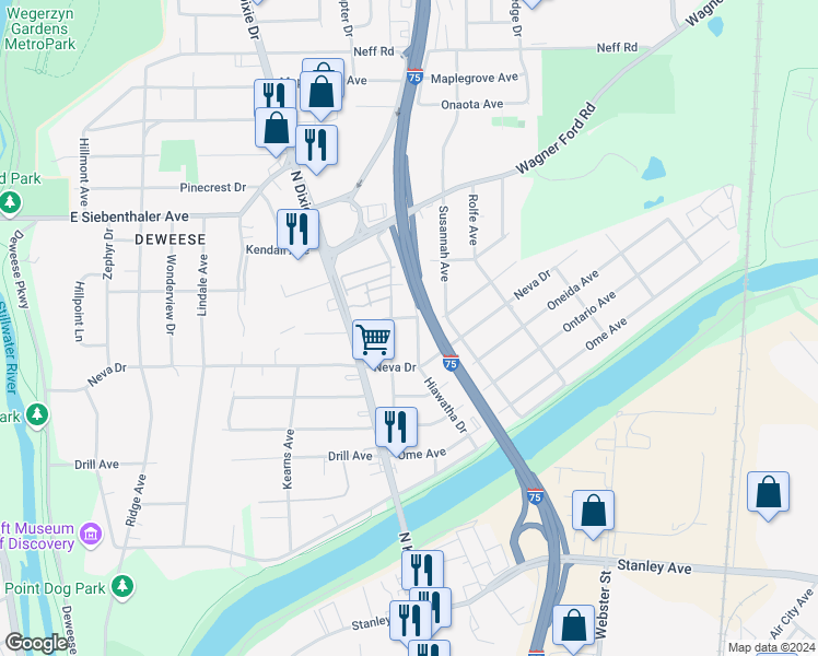 map of restaurants, bars, coffee shops, grocery stores, and more near 3224 Hiawatha Drive in Dayton
