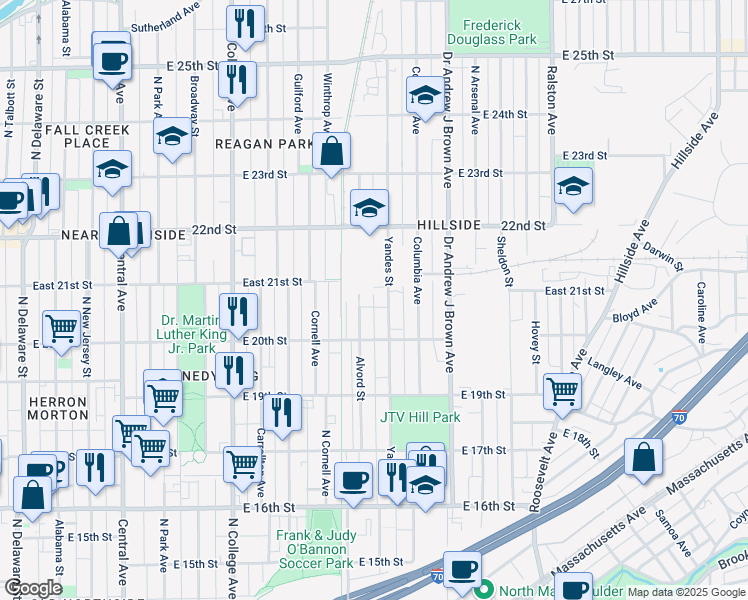 map of restaurants, bars, coffee shops, grocery stores, and more near 1948 Mayfair Drive in Indianapolis