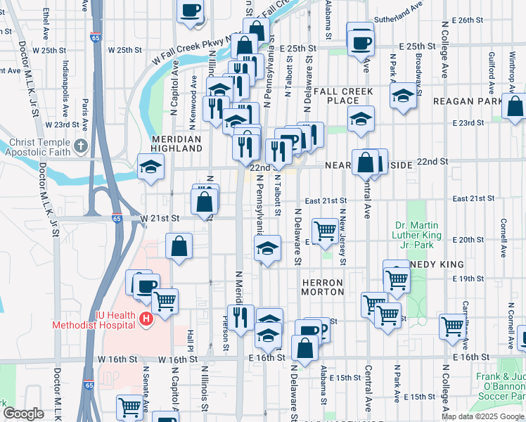 map of restaurants, bars, coffee shops, grocery stores, and more near 115 East 21st Street in Indianapolis