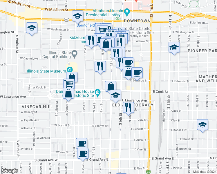 map of restaurants, bars, coffee shops, grocery stores, and more near in Springfield
