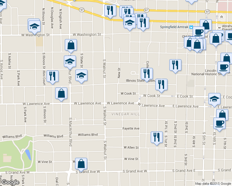 map of restaurants, bars, coffee shops, grocery stores, and more near 703 New Street in Springfield