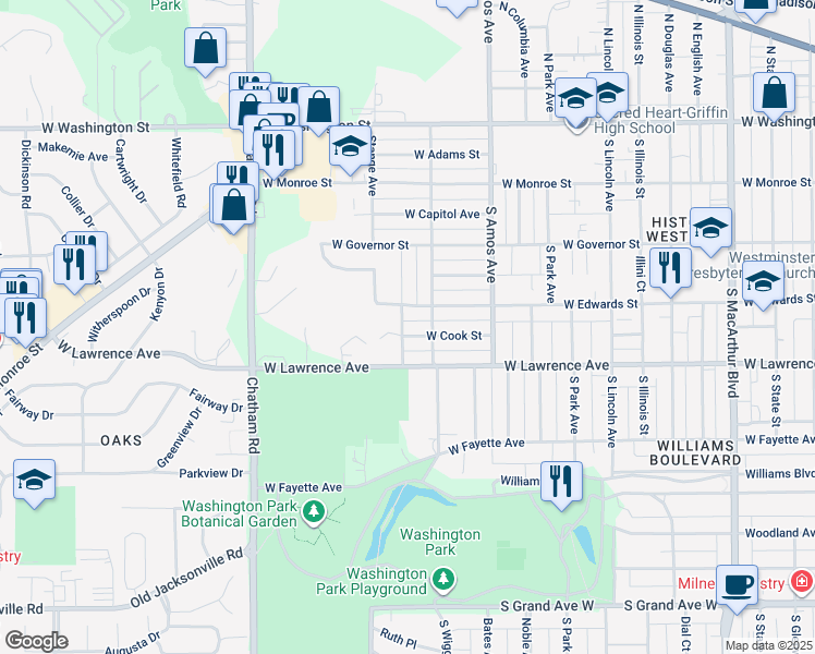map of restaurants, bars, coffee shops, grocery stores, and more near 1625 West Cook Street in Springfield