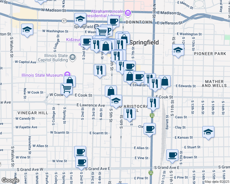 map of restaurants, bars, coffee shops, grocery stores, and more near in Springfield