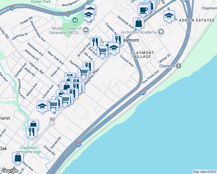 map of restaurants, bars, coffee shops, grocery stores, and more near 251 Harbor Drive in Claymont