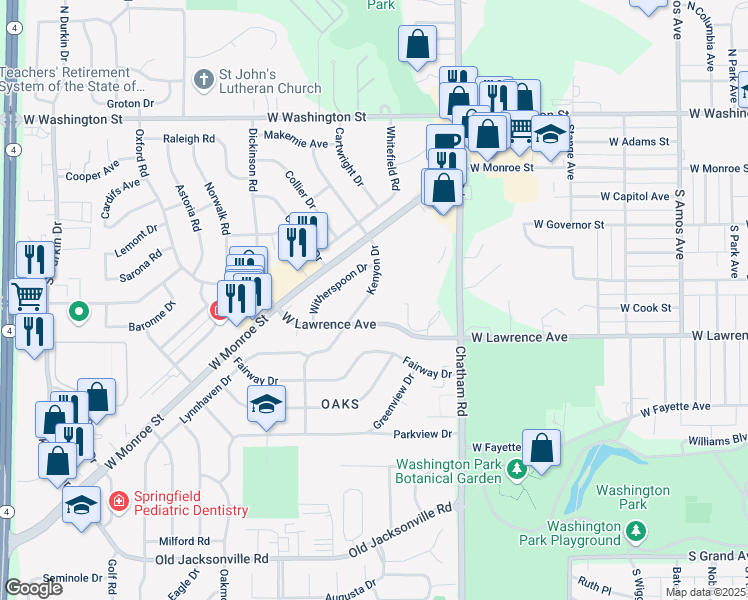 map of restaurants, bars, coffee shops, grocery stores, and more near 612 Kenyon Drive in Springfield