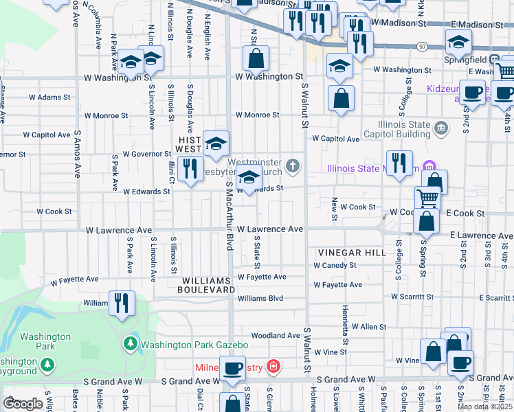 map of restaurants, bars, coffee shops, grocery stores, and more near 900 West Cook Street in Springfield
